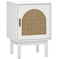 HOMCOM Mesilla de Noche con Puerta de Ratán Estante Ajustable y Patas de Madera Estilo Bohemio 40x35x58 cm Blanco(m-1)