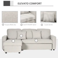 HOMCOM Divano Letto Angolare con Seduta 2 Posti e Penisola, Vano Contenitore e 2 Cuscini in Tessuto, Crema(m-5)