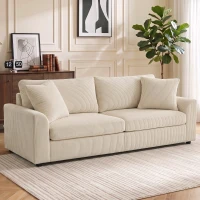 HOMCOM Divano 3 Posti in Velluto a Coste con Molle Insacchettate e 2 Cuscini, 212x80x88 cm, Bianco Crema(m-2)