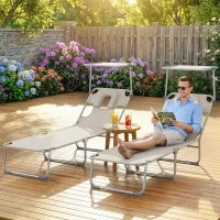 Outsunny Set de 2 Tumbonas Plegables Reclinables con Dosel 360° Orificio Facial Bolsillo Lateral y Textilene 550 g/m² Beige(m-10)