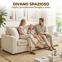 HOMCOM Divano 3 Posti in Velluto a Coste con Molle Insacchettate e 2 Cuscini, 212x80x88 cm, Bianco Crema(m-4)