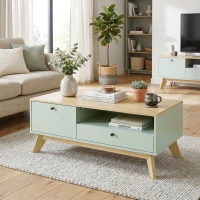 HOMCOM Table basse de salon, table d'appoint rectangulaire avec tiroir, porte et compartiment ouvert, vert clair et chêne(m-10)