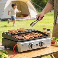Outsunny 2 Burner Grill Griddle, Portable Gas Plancha with Warming Rack, 5 kW, Tabletop Gas BBQ with Grease Cup, Black(m-10)