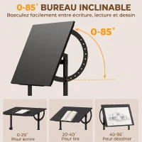 HOMCOM Table à Dessin Inclinable 0°-85°, Bureau à Dessin Réglable en Hauteur avec Rebord Antidérapant, Cadre en Acier, Noir(m-4)