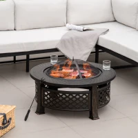 Outsunny Outdoor Fire Pit, Firepit with Grill Net, Mesh Lid, Poker, for Camping, Bonfire, Picnic, Bronze Tone(m-10)