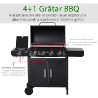 Outsunny Gratar pe Gaz cu 5 Arzatoare Rafturi Laterale si Dulap(m-4)