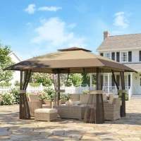 Outsunny Gazebo Pieghevole 4x4 m con 4 Zanzariere Laterali, Doppio Tetto e Sacchi di Sabbia, Cachi e Marrone(m-10)