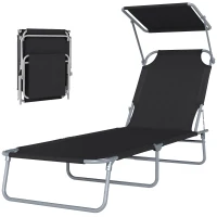 Outsunny Transat Bain de Soleil Pliable Chaise Longue Pliante Grand Confort Dossier Inclinable Multi-positions et Pare-Soleil réglable Dim. 187L x 58l x 36H cm Noir(m-11)
