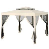 Outsunny Carpa de Jardín 3x3 m Cenador Gazebo con 4 Mosquiteras Laterales Techo Doble 8 Orificios de Drenaje Marco de Metal Beige(m-11)