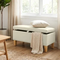 HOMCOM Banc de rangement, bout de lit, repose-pieds rembourré en lin avec pieds en bois de caoutchouc, 71x37x36cm, beige(m-14)