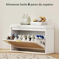 HOMCOM Banco Zapatero Boho con Asiento Acolchado Puerta de Ratán Cajón Abatible Estante Ajustable 8 Pares 80x26x47,5 cm Blanco(m-6)
