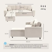 HOMCOM Sofá 3 Lugares com Chaise Longue Sofá para Sala com Revestimento em Veludo Cotelê 2 Almofadas Extras Sofá Estofado Creme Branco(m-3)