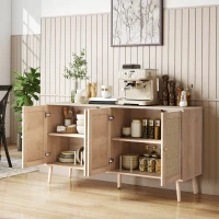 HOMCOM Buffet para sala móvel de arrumação armários com portas em palhinha e prateleira regulável 140 x 40 x 75 cm efeito madeira natural(m-2)