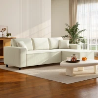 HOMCOM Sofá 3 Lugares com Chaise Longue Sofá para Sala com Revestimento em Veludo Cotelê 2 Almofadas Extras Sofá Estofado Creme Branco(m-6)