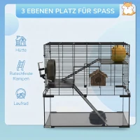 PawHut Cușcă pentru Hamsteri cu 3 Niveluri, Roată, Rampe și Bază Detașabilă, 60x40x57cm, Negru(m-4)