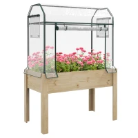 Outsunny Wooden Planter Box with Greenhouse Cover and Bed Liner, Raised Garden Bed for Vegetables, Flowers, Herbs(m-11)