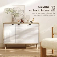 HOMCOM Bufet Modern cu 3 Uși și Raft Reglabil, 107x35x77 cm, Alb Lucios și Stejar(m-4)