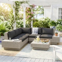 Outsunny 4 PCs Rattan Garden Furniture Outdoor Sectional Corner Sofa and Coffee Table Set - Conservatory Wicker Weave Furniture with Armrest and Cushions, Light Grey(m-9)