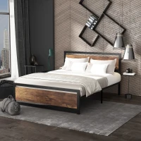 HOMCOM Cadre de lit double en acier avec sommier et tête de lit compatible matelas 200 x 160 cm aspect bois foncé(m-10)