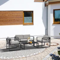 Outsunny Set Mobili da Giardino con Divano 2 Posti, 2 Poltrone e Tavolino in Alluminio con Cuscini, Grigio e Nero(m-10)