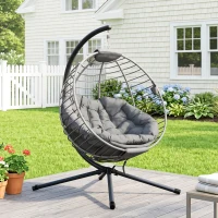 Outsunny PE Rattan Swing Chair, Outdoor Hanging Chair with Metal Stand, Thick Padded Cushion, Foldable Basket and Cup Holder, for Indoor and Outdoor, Grey(m-7)