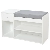 HOMCOM Banc de rangement Banc à Chaussures 2 Niveaux Rangement, Niche, tiroir, Coffre intégré avec Coussin Gris Blanc(m-12)