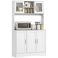 HOMCOM Servantă de Bucătărie înaltă de 180 cm, Dulap Dispensa cu 4 Dulapuri, Uși din Sticlă Securizată, 2 Rafturi Deschise, Rafturi Reglabile, Blat pentru Cuptorul cu Microunde, pentru Sala de Prânz sau Living, Alb(m-11)