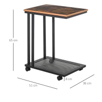 HOMCOM C Shaped Side Table with Wheels, Mobile End Table, Laptop Stand with Metal Frame and Storage Shelf, Rustic Brown(m-3)