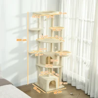 PawHut Arranhador Grande de 2 Metros para 2-3 Gatos, Postes para Arranhar, Tocas, Rede, Esconderijos, Design Multinível, Sisal, Madeira, Pelúcia, Bege(m-3)