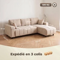 HOMCOM Canapé d'Angle Modulable 242 cm, Canapé 3 Places en L avec Méridienne Réversible, 2 Oreillers, Tissu Aspect Lin, Beige(m-3)