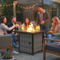 Outsunny Propane Gas Fire Pit Table for Garden, 11.7 KW Smokeless Firepit Outdoor Heater with Wind Guard, Glass Rocks, Lid, Black(m-10)