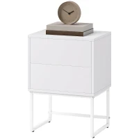 HOMCOM Comodino Moderno a 2 Cassetti con Apertura a Pressione, MDF e Acciaio, 40x30x50 cm, Bianco(m-10)