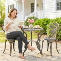 Outsunny Garden Bistro Set with Umbrella Hole, 3 Piece Cast Aluminium Garden Furniture Set, Antique Floral Round Coffee Table and Chairs, Small Balcony Furniture for Outdoor, Patio, Brown Tone(m-10)