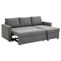 HOMCOM Sofá de Canto com Função de Dormir Baú Chaise Longue Sofá-Cama Sofá de Tecido em L Aspeto Linho 211,5x146x85 cm Cinza Claro(m-7)