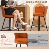 HOMCOM Set of Two Velvet-Feel Lotus Bar Stools - Orange(m-4)