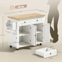 HOMCOM Isla de Cocina con Ruedas Mueble Auxiliar de Cocina con Especiero y Barra Lateral 111x44,5x82,5 cm Blanco(m-3)