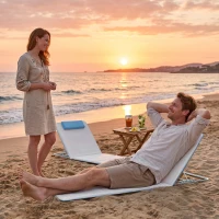 Outsunny Set of 2 Foldable Garden Beach Chair Mat, Lightweight Outdoor Sun Lounger Seats with Adjustable Back, Metal Frame, PE Fabric Head Pillow and Carry Bag, Cream White(m-8)
