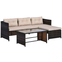 Outsunny Ensemble Salon de Jardin 2 pièces canapé d'angle 4 Places + Table Basse Plateau Verre trempé + 5 Coussins résine tressée Brun(m-12)