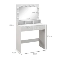 HOMCOM Coiffeuse avec miroir Hollywood, tiroirs, 3 modes d'éclairage, 10 ampoules, 80 x 40 x 135 cm, blanc(m-3)