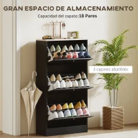 HOMCOM Mueble Zapatero Moderno con 3 Cajones Abatibles y Estantes Ajustables para 18 Pares de Zapatos 60x23,5x115 cm Negro(m-4)