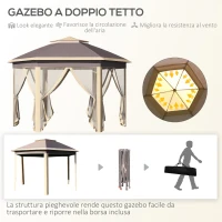 Outsunny Gazebo Pieghevole da Giardino 4x3.4 m ad Altezza Regolabile con Zanzariera e Doppio Tetto, Beige(m-4)