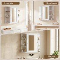 HOMCOM Specchio Bagno Contenitore con 6 Ripiani Aperti e 2 Chiusi, 66x17x63 cm Mobile Bagno con Specchio, Mobilettto da Parete in Vetro, Bianco(m-6)
