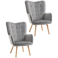 HOMCOM Modern Accent Chair Velvet-Touch Tufted Wingback Armchair Upholstered Leisure Lounge Sofa Club Chair with Wood Legs, Set of 2, Grey(m-1)