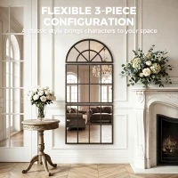 HOMCOM Large Arched Wall Mirror with Metal Grid, 3-Piece Split Window Mirrors, 120 x 54 cm, Black(m-5)