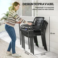 Outsunny Set de 4 Scaune Stivuibile, Scaune de Luat Masa Exterior cu Spătar Curbat, Șezut cu Lamele și Brațe, Negru(m-5)