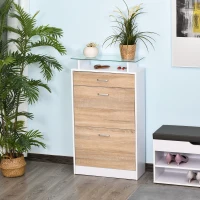 HOMCOM Armoire à Chaussures Meuble rangement Chaussures 2 Portes abattantes 2 Compartiments, tiroir, Plateau en Verre - Bois chêne Blanc(m-2)