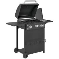 Outsunny Barbecue gaz 3+1 brûleurs en acier, puissance 9,5 kW, barbecue de jardin 2 grilles étagères latérales, 2 roues, noir(m-1)