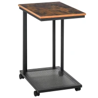 HOMCOM C Shaped Side Table with Wheels, Mobile End Table, Laptop Stand with Metal Frame and Storage Shelf, Rustic Brown(m-10)