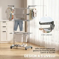 HOMCOM Stendibiancheria Pieghevole con 5 Livelli, Ruote e Struttura in Acciaio Inox, per Casa e Lavanderia, Grigio(m-4)