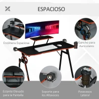 HOMCOM Mesa Gaming Escritorio para Computadora PC con Soporte para Monitor y Altavoz Portavasos Gancho para Auriculares Fibra de Carbono 120x60x94,5 cm Negro(m-6)